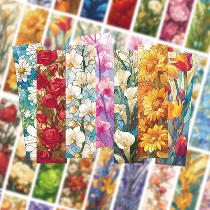 Assorted floral paper bookmarks displayed across a colorful background. 