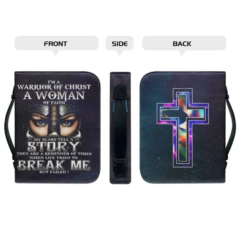 Warrior of Faith Bible carry case with woman-of-faith artwork and colorful cross on the back