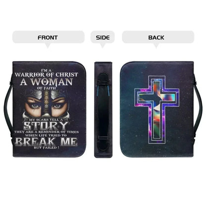 Warrior of Faith Bible carry case with woman-of-faith artwork and colorful cross on the back