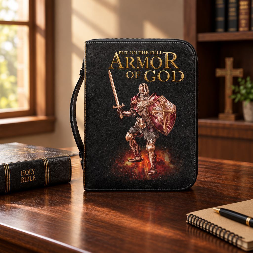 Armed in Faith Bible carry case on a desk beside a Bible and notebook