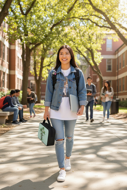 Asian student holding an Ivy Cross Bible carry bag on a school campus
