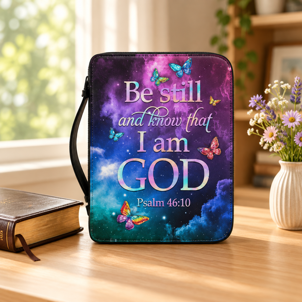 Be Still butterfly Bible carry case on a desk beside a Bible and flowers