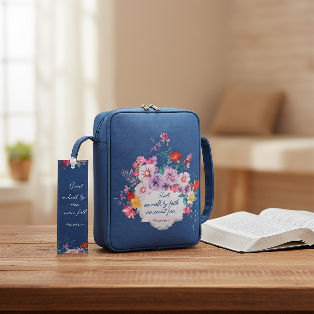 Blue floral Bible carry bag styled on a wooden table with an open Bible