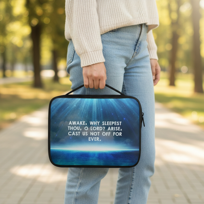 Woman holding a blue Scenic Scripture Bible Carry Bag