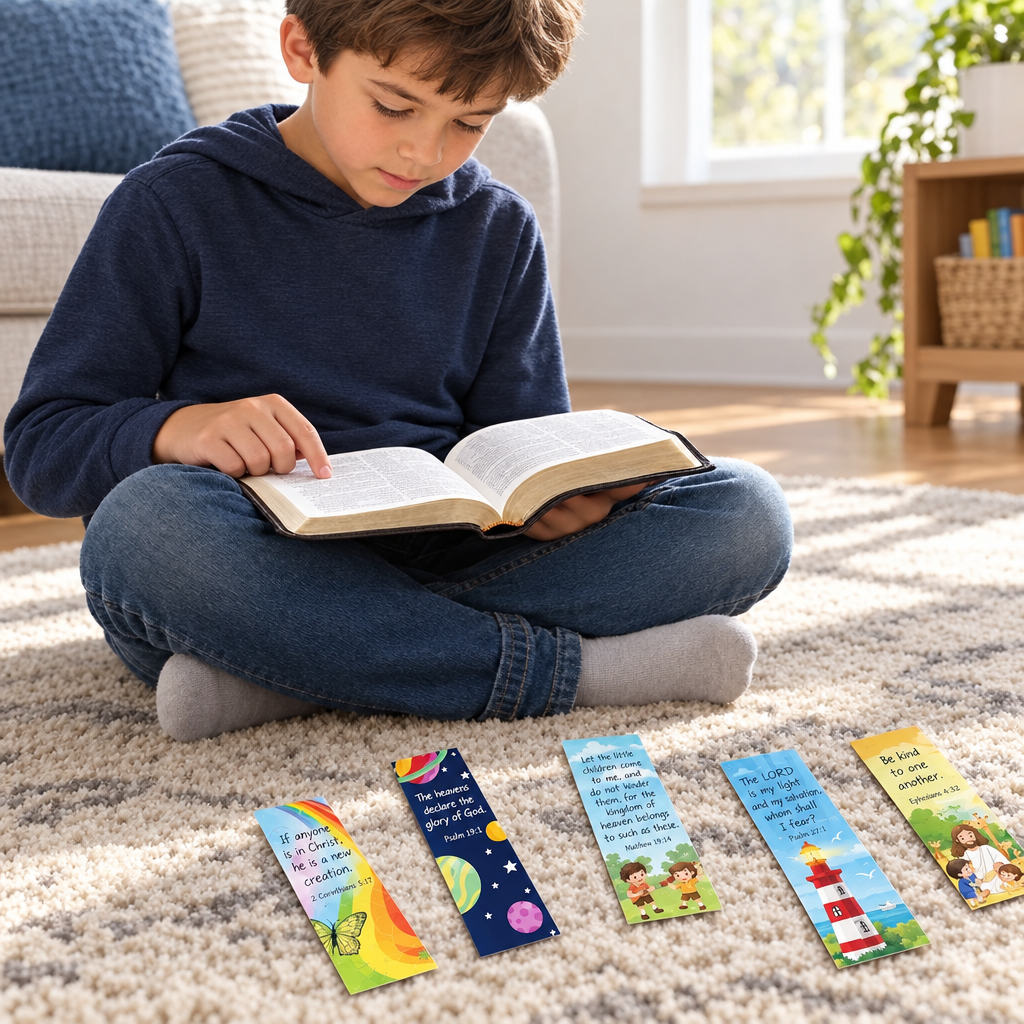 Boy reading an open Bible on a rug with Little Lights bookmarks arranged nearby
