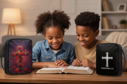 Brother and sister at Bible study with rose cross and Philippians bags