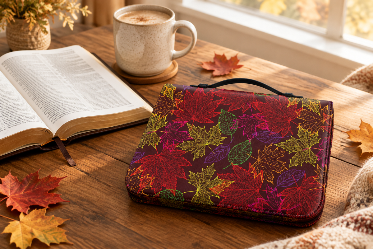 Burgundy leaf Hello Fall Bible case on a cozy autumn reading table beside an open Bible

