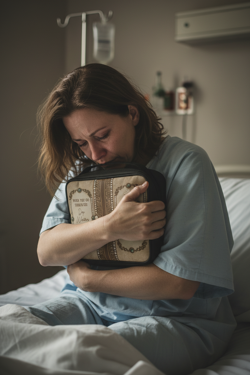 Desperate woman in hospital clutching Deep Waters Bible bag