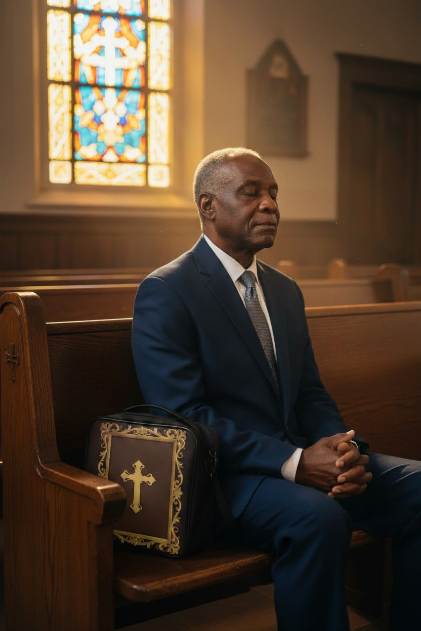 Elderly Black grandfather praying in church pew with gold ornate cross Bible bag