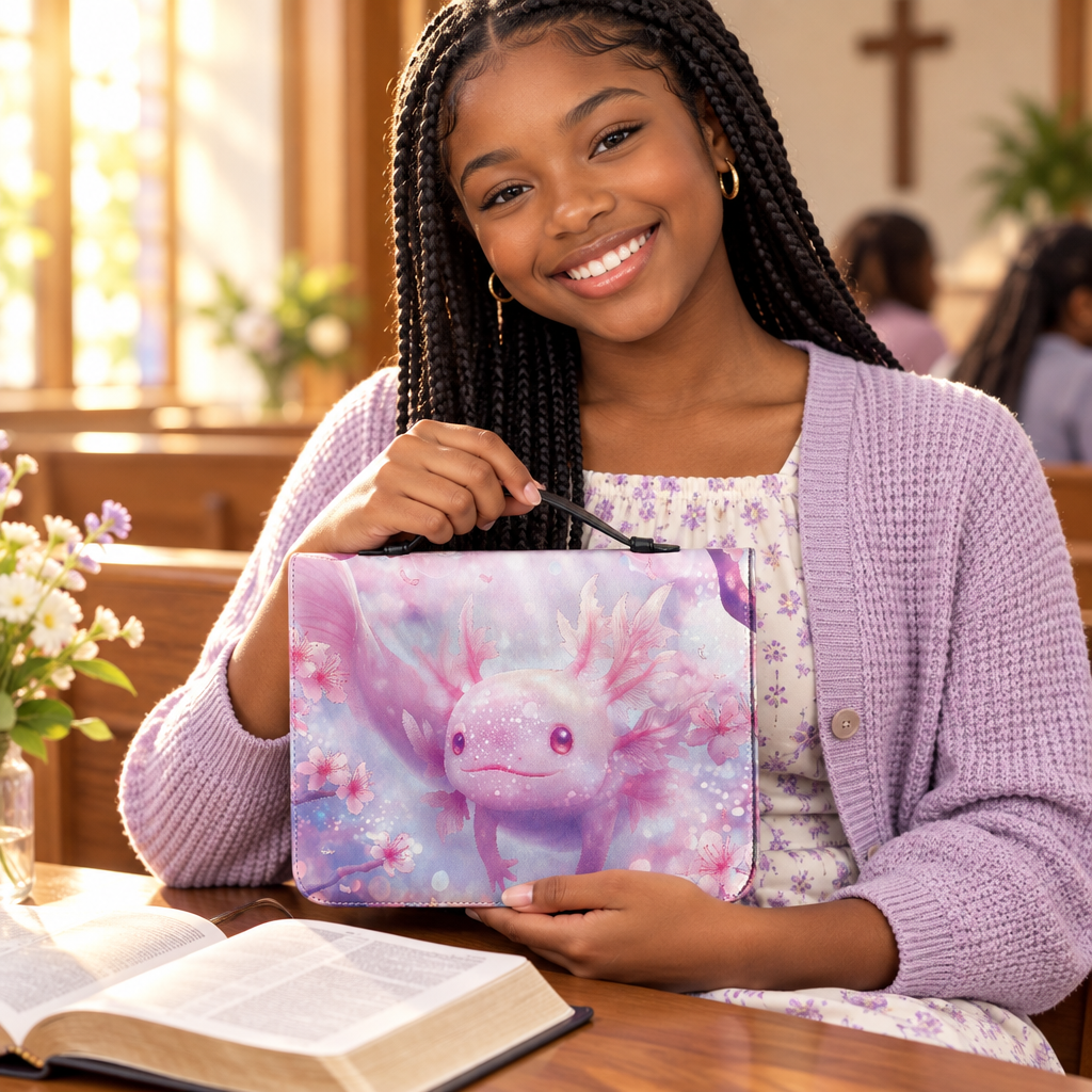 Young woman holding the Faith in Bloom Bible cover during church Bible study