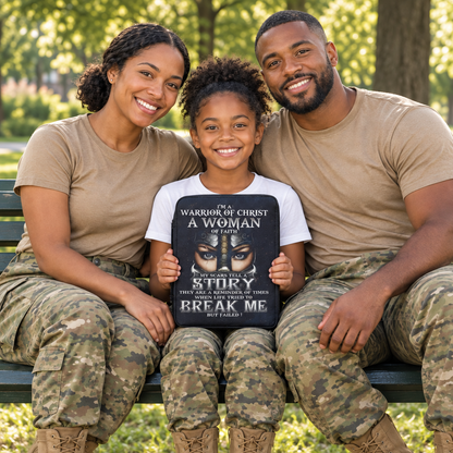 Family seated together outdoors as their daughter holds a Warrior of Faith Bible carry case on her lap.