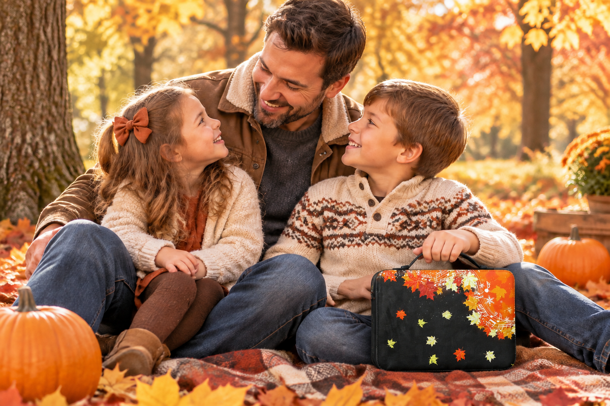Father with his daughter and son enjoying an autumn day beside a black and orange Hello Fall Bible case
