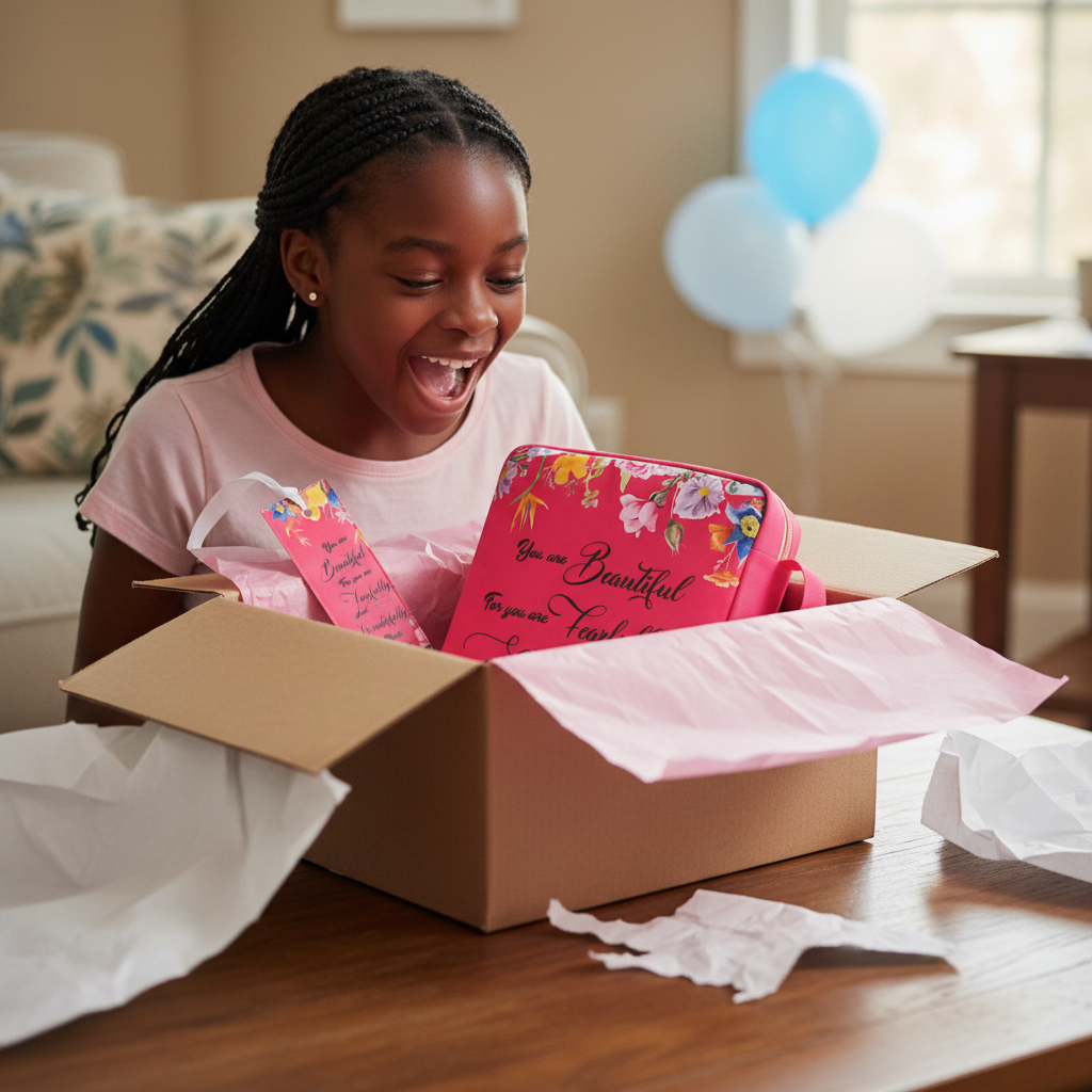 Girl laughing as she peeks into a big opened gift box with the pink Blush Rose Bible bag inside, candid party moment