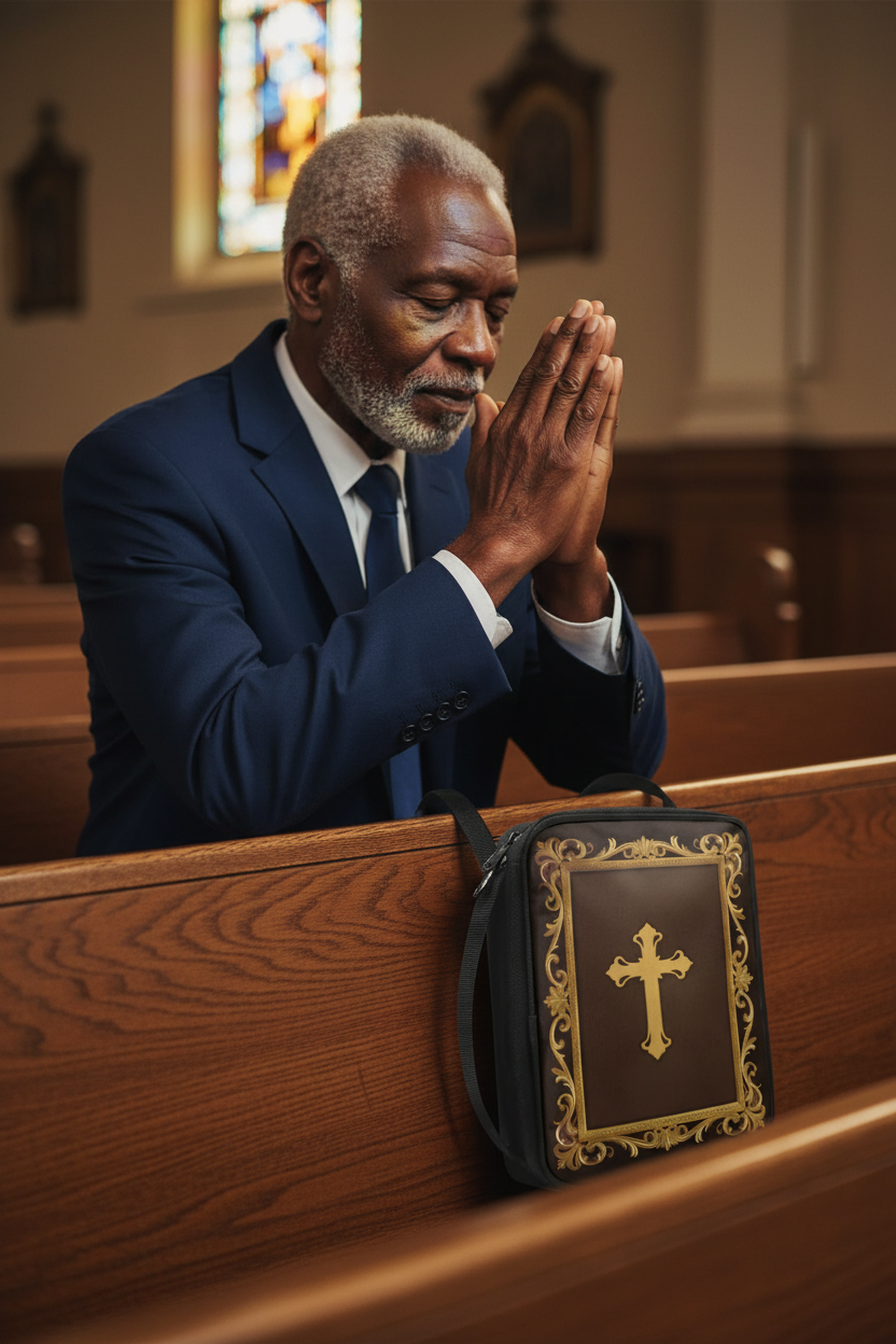 Grandfather praying in a church pew with a gold cross Bible carry bag