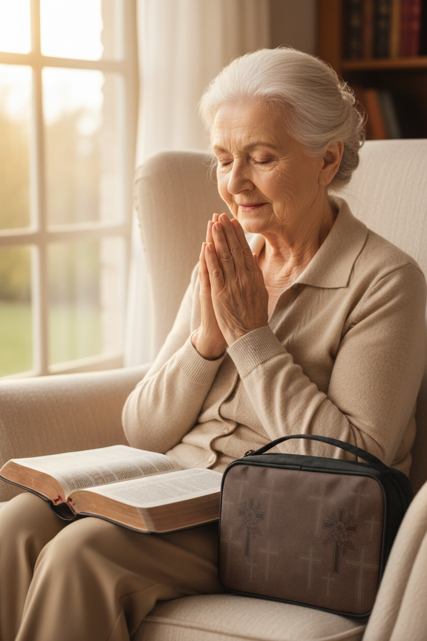 Grandmother praying with brown embossed cross Bible bag naturally placed