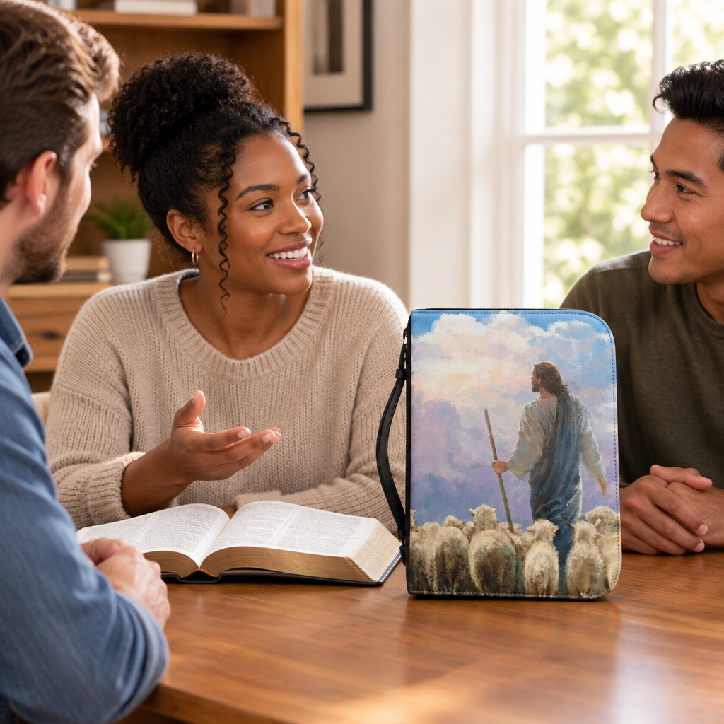 Three friends gathered for Bible study with The Good Shepherd Bible carry case on the table	