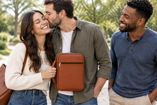 Warm brown Quiet Faith Bible Case held by a couple in an outdoor social setting