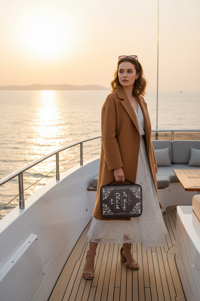Lifestyle photo - woman on yacht with Philippians bible bag