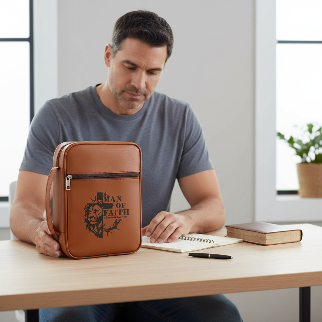 Lion’s Mane light brown Lion of Judah Man of Faith Bible case beside a man at a table with a Bible and notebook