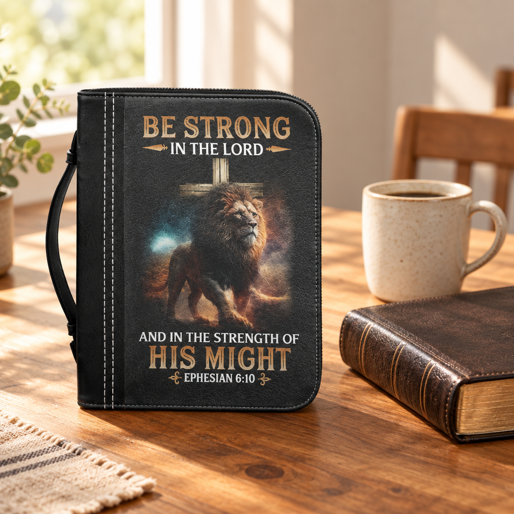 Lionhearted Bible carry case on a wooden table beside a Bible and mug