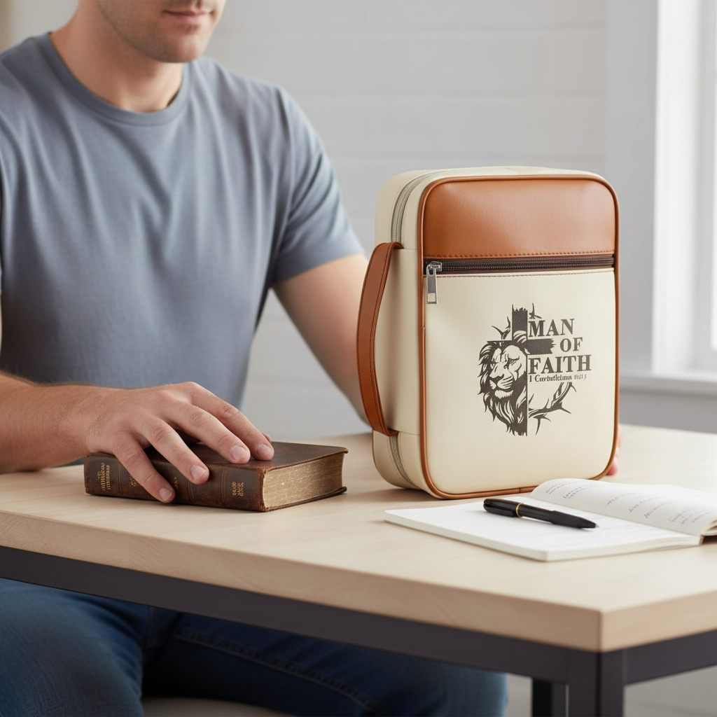 Covenant Cream Lion of Judah Man of Faith Bible case on a desk beside a Bible, notebook, and pen