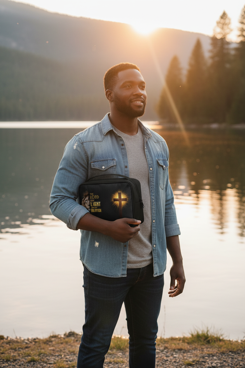 Black man holding a Lion and Cross Bible carry bag in a recovery setting