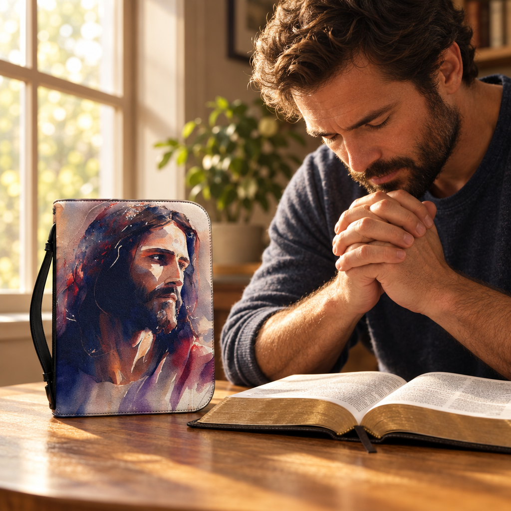 Man praying beside an open Bible and the Portrait of Faith Bible carry case	