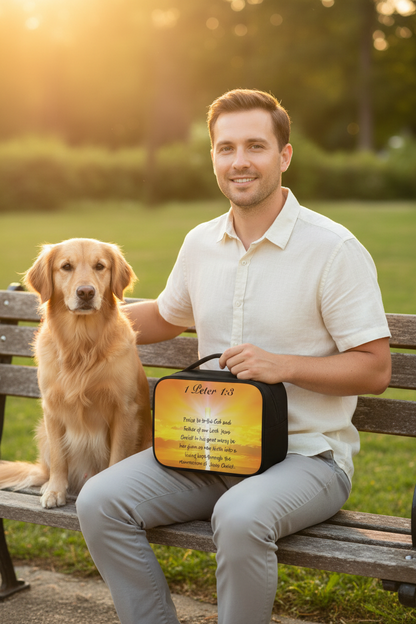 Man sitting on a bench with a dog and a Scenic Scripture Bible Carry Bag
