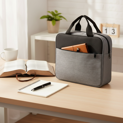 Gray Study Companion Bible carry case styled on an office desk with a pen and papers for organized Bible study