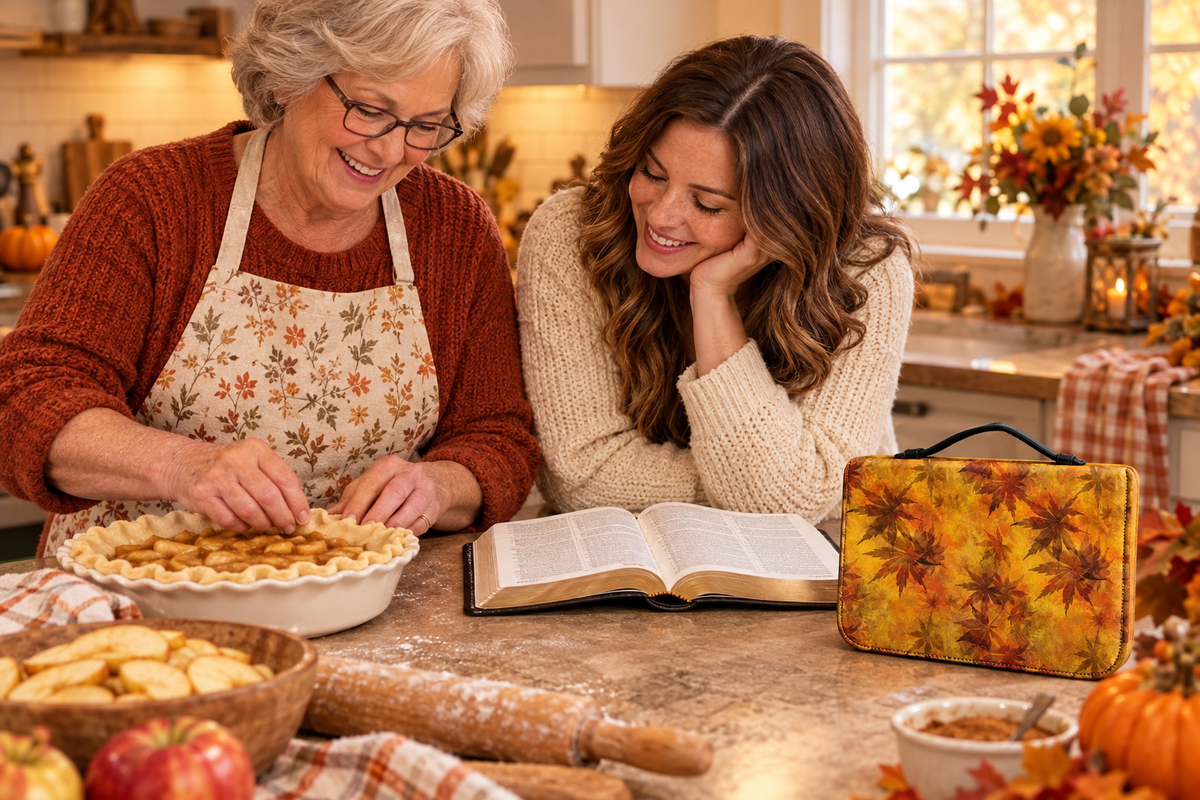 Older woman baking an autumn pie while her adult daughter reads beside a golden leaf Hello Fall Bible case
