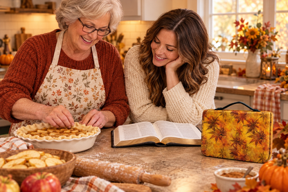 Older woman baking an autumn pie while her adult daughter reads beside a golden leaf Hello Fall Bible case
