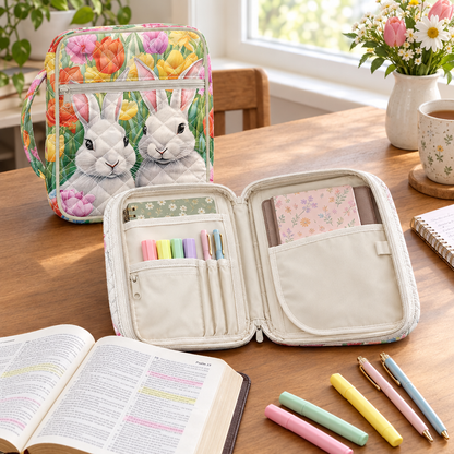  Bunny-print Bible case beside an open Bible and study supplies.