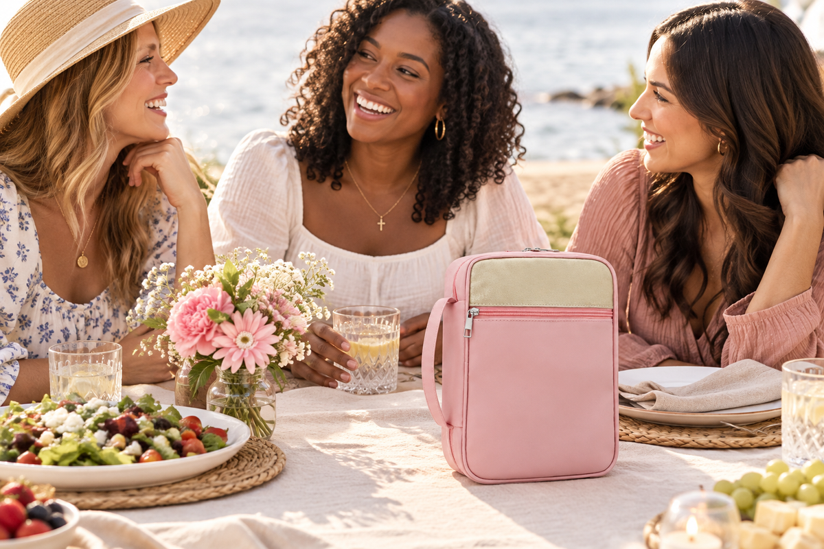 Three women friends enjoy an outdoor lunch near the water with the pink Quiet Faith Bible Case nearby.