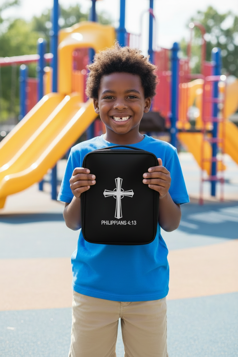 Proud dorky kid on playground holding Philippians Bible bag with handle only