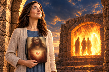 Woman holding the Radiant Heart Bible carry case before a symbolic scene inspired by Daniel 3	