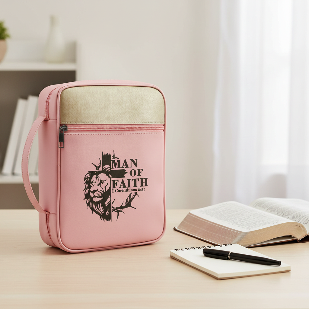 Rose of Grace pink Lion of Judah Man of Faith Bible case on a desk beside an open Bible, notebook, and pen