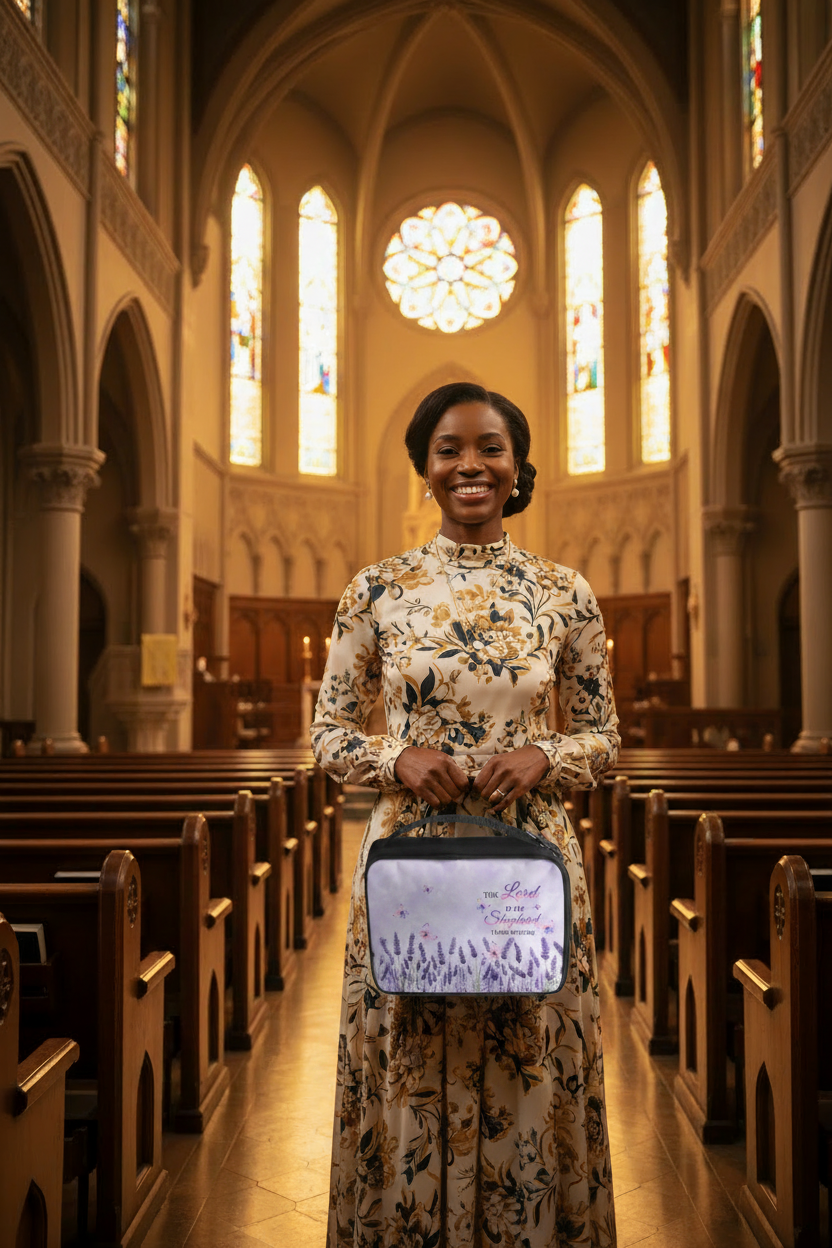 Same Black woman, same dress and pose, with lavender butterfly bag