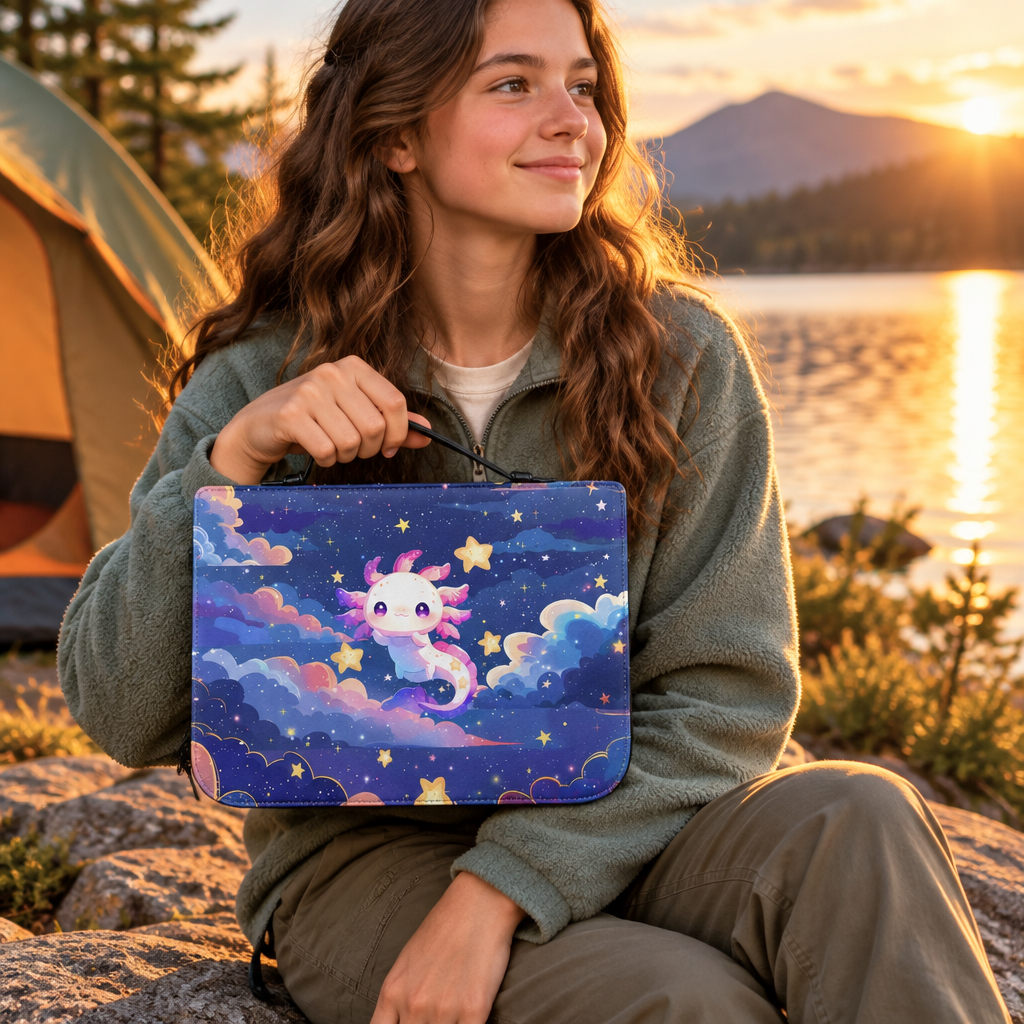 Young woman holding the Starlight Wonder Bible cover at a lakeside campsite
