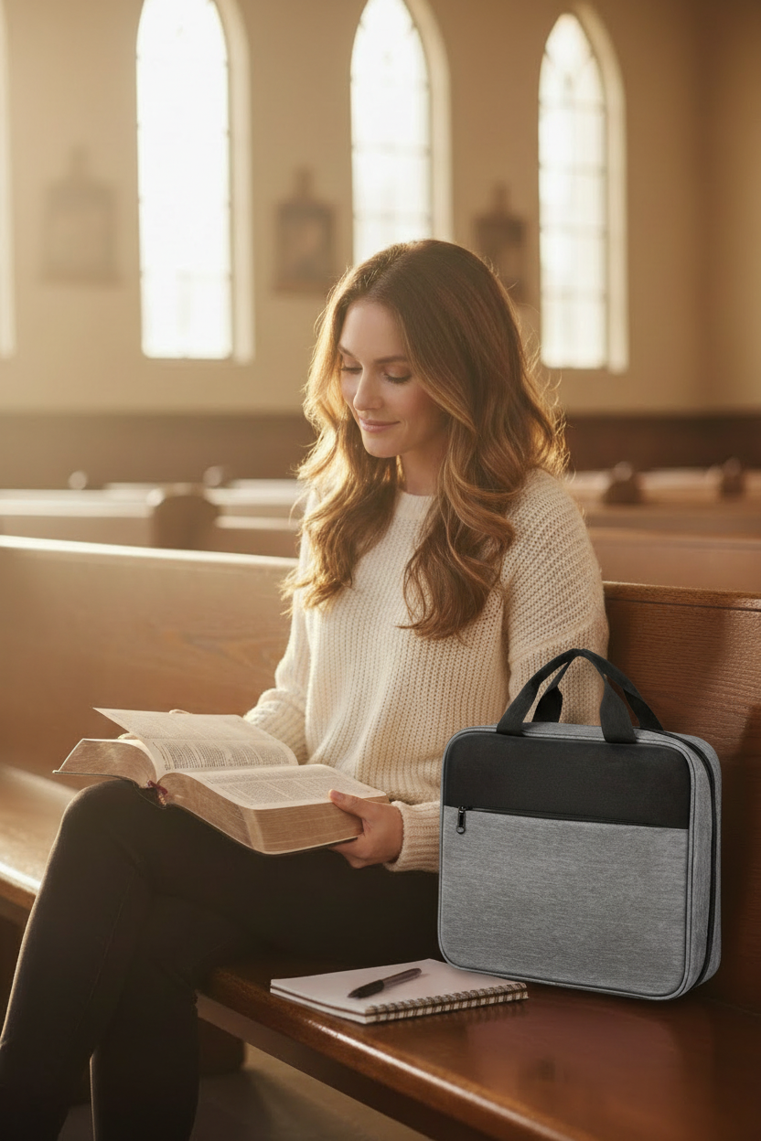 Woman reading a Bible beside a gray Study Companion Bible carry case in a church