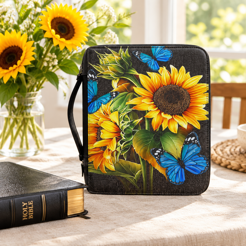 Sunflower Bible carry case beside a Bible and flowers in a sunlit room