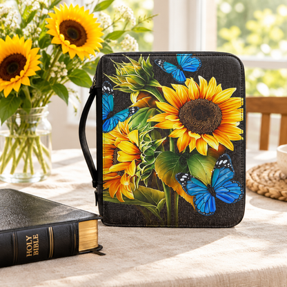 Sunflower Bible carry case beside a Bible and flowers in a sunlit room