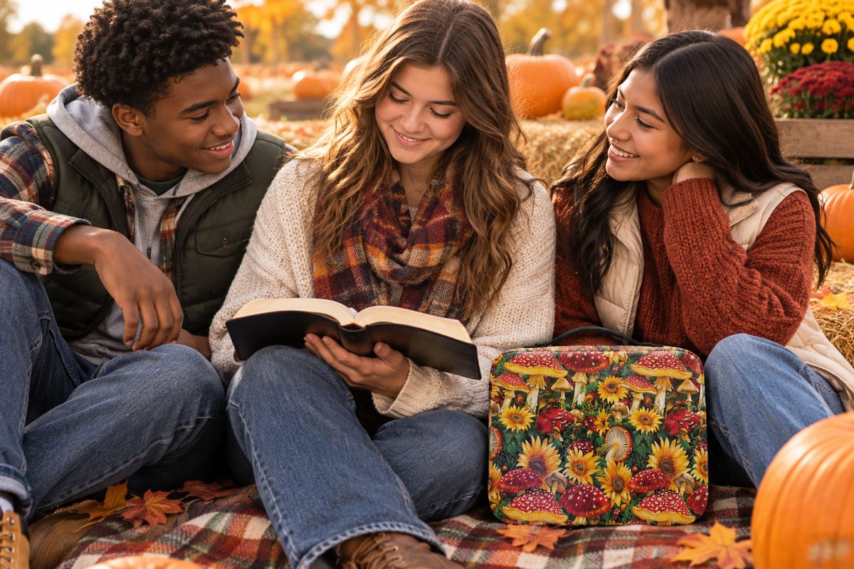 Teen friends reading the Bible together beside a mushroom and sunflower Hello Fall Bible case at a pumpkin patch
