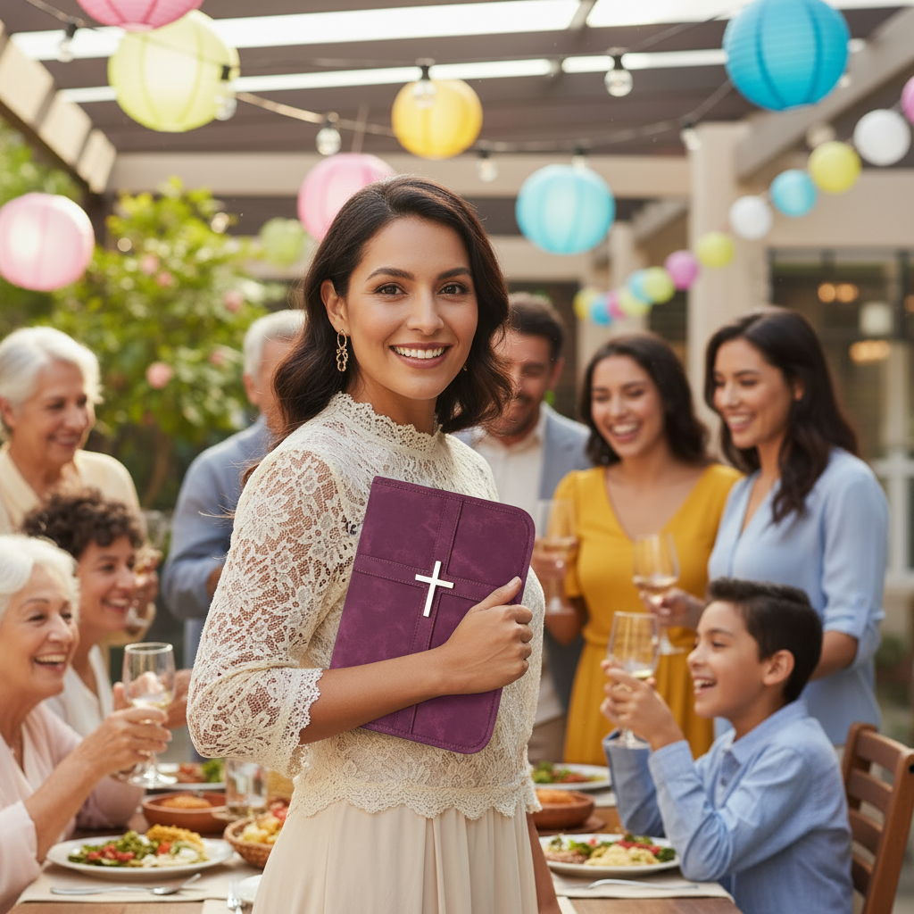 Latina woman holding a burgundy Steadfast Cross vegan leather Bible cover