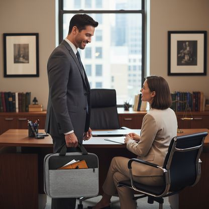 Gray Study Companion Bible carry case in a law office with a man and woman at a desk.