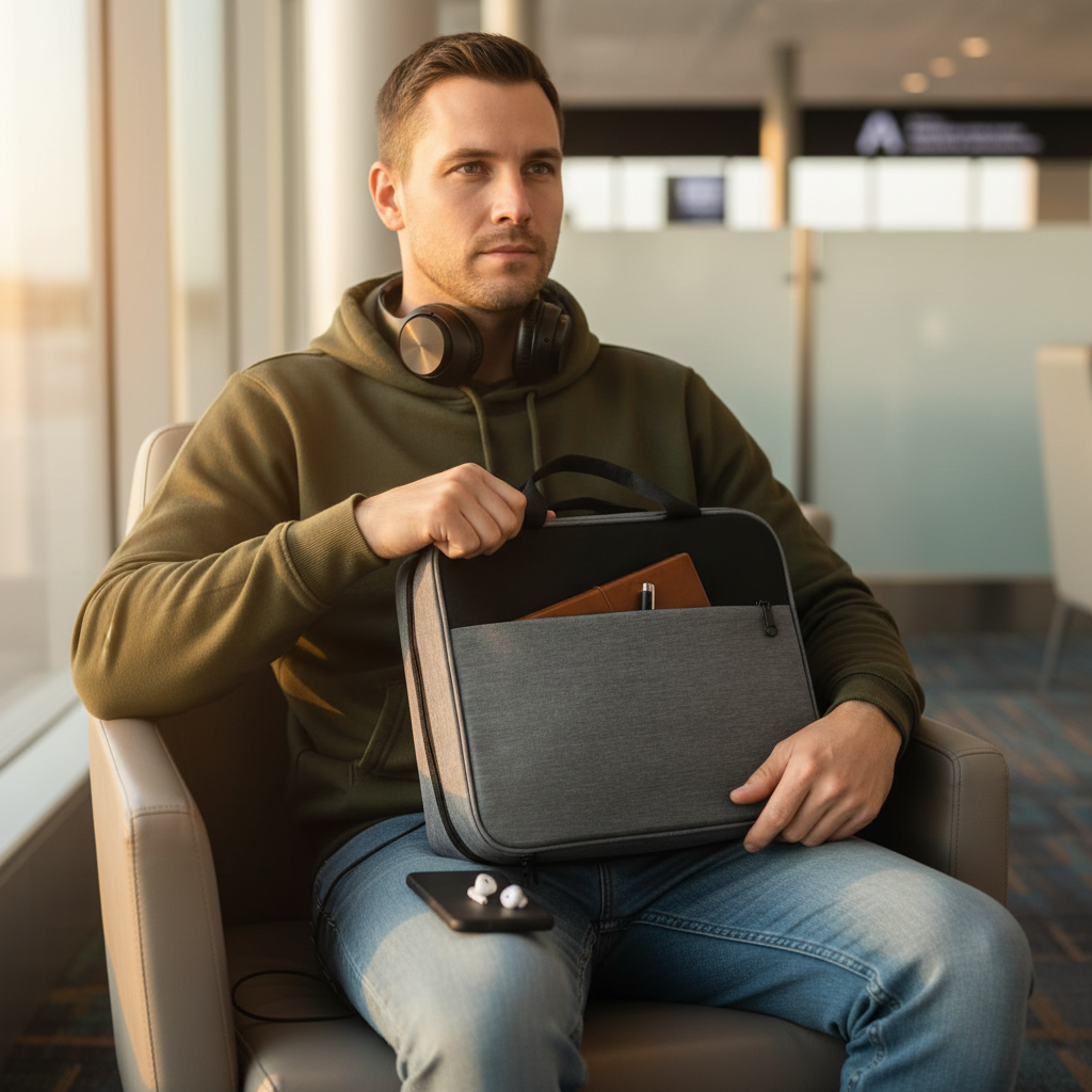 Gray Study Companion Bible carry case held by a seated man with AirPods and travel essentials nearby.