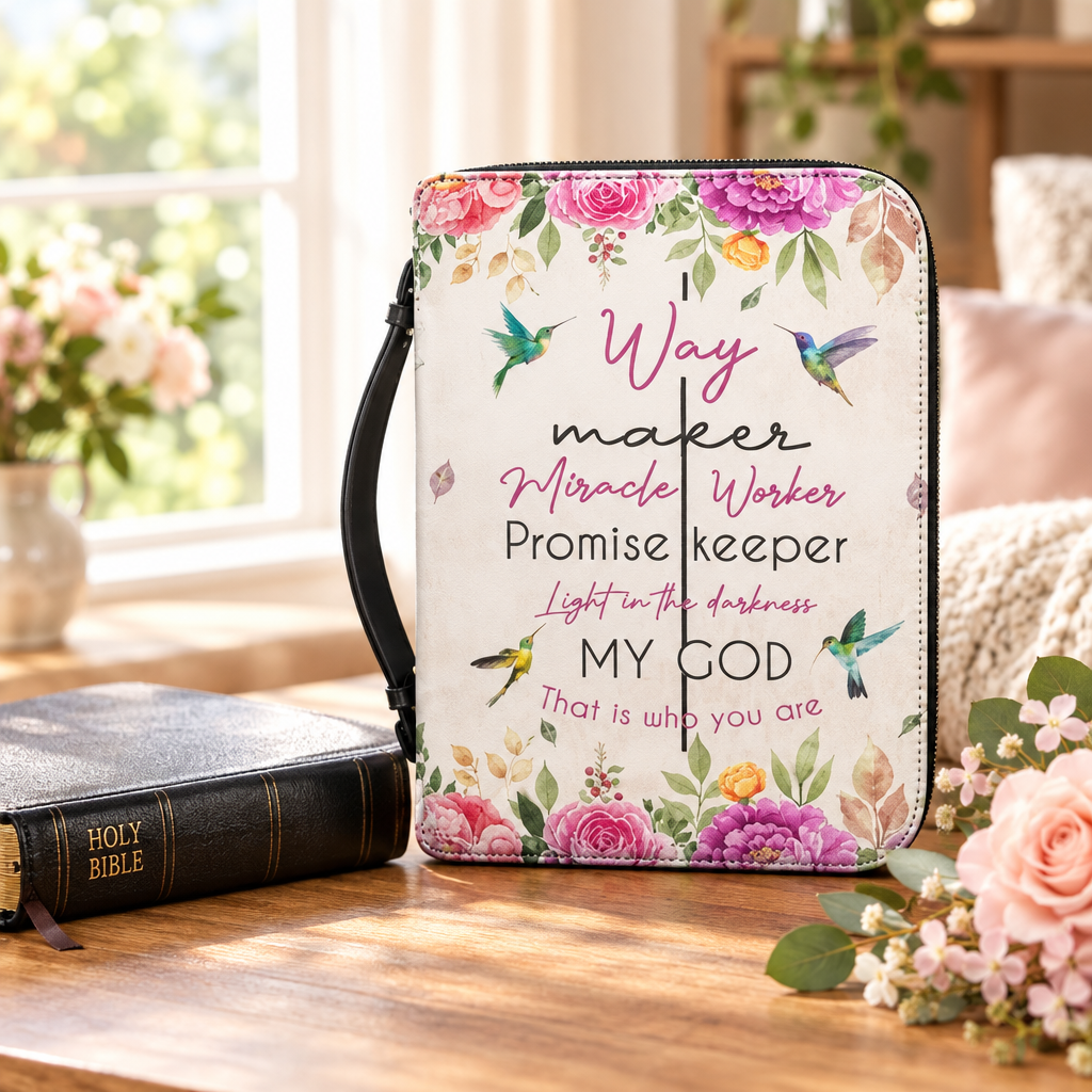 Way Maker floral Bible carry case on a wooden table beside a Bible
