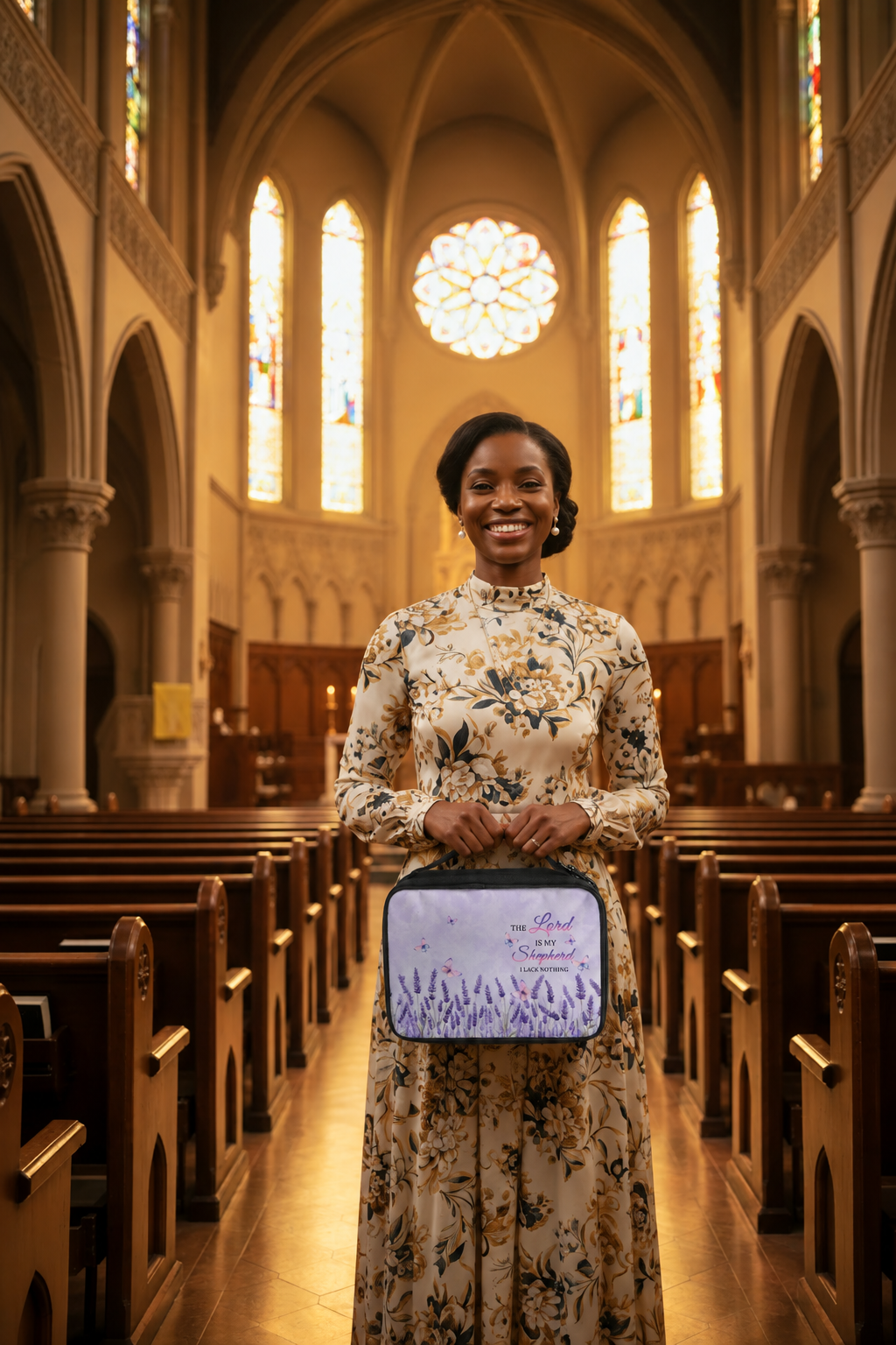 Woman holding the raised lavender butterfly Bible bag in church