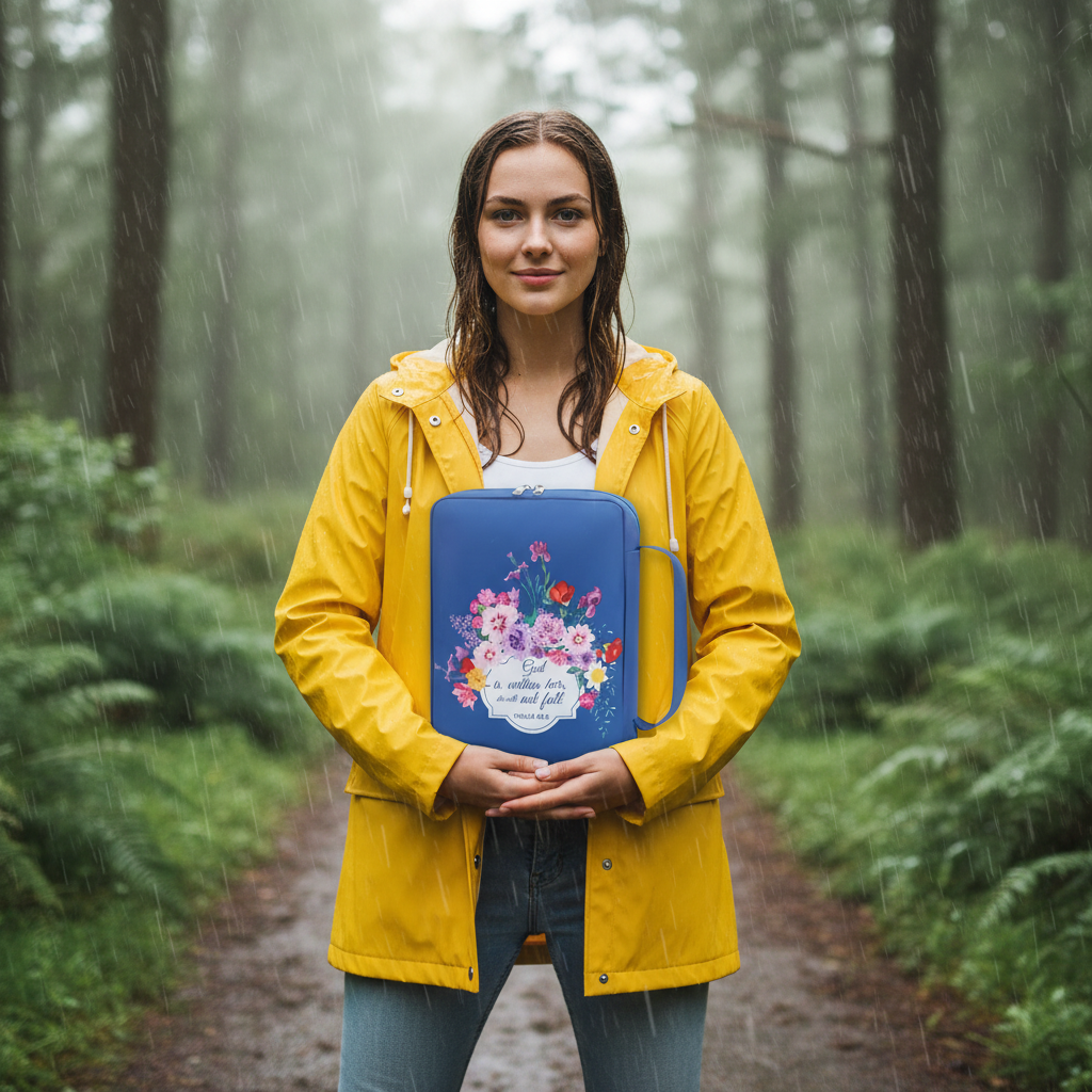 Woman in a yellow raincoat standing in light rain holding a blue Grace in Bloom Bible carry bag