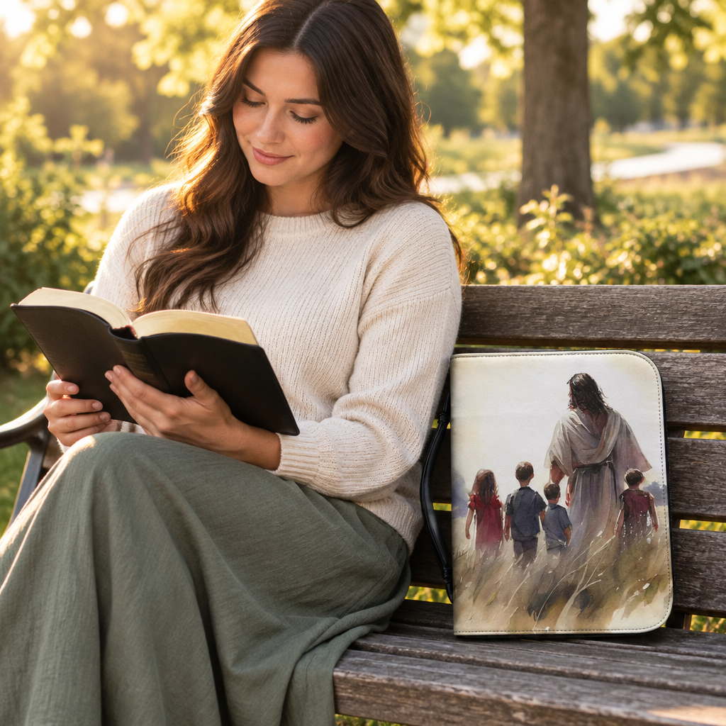 Woman reading a Bible in a park beside the Walking with the Children Bible carry case