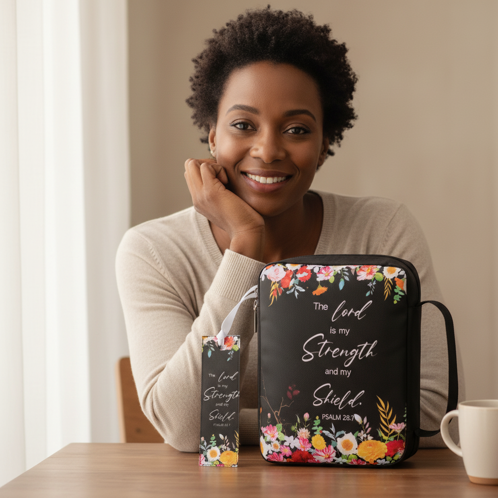 Woman smiling at the camera with her chin on her hand, black Bold Bloom Bible bag beside her on the table